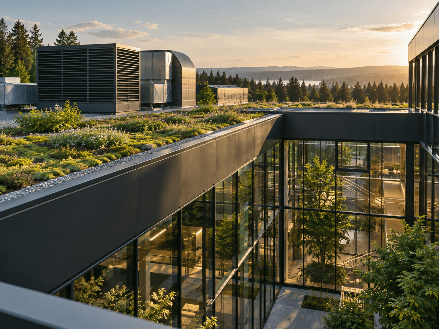 Toiture végétalisée et systèmes techniques d’un bâtiment contemporain